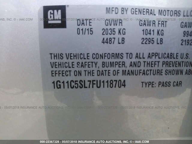 1G11C5SL7FU118704 - 2015 CHEVROLET MALIBU 1LT 银色 照片 9