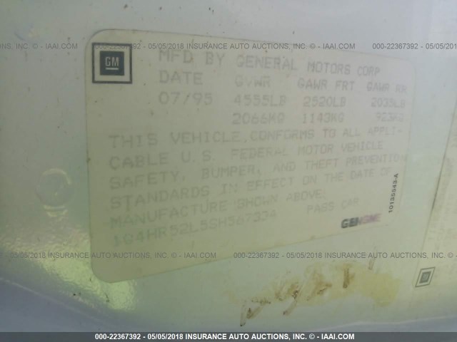 1G4HR52L5SH567334 - 1995 BUICK LESABRE LIMITED WHITE photo 9