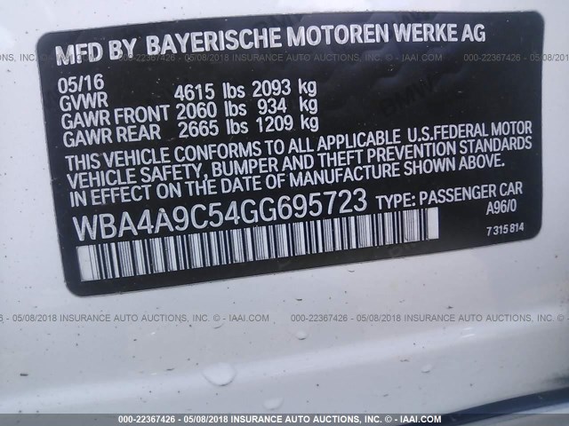 WBA4A9C54GG695723 - 2016 BMW 428 I/GRAN COUPE/SULEV WHITE photo 9