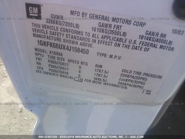 1GKFK66UX4J158450 - 2004 GMC YUKON XL DENALI WHITE photo 9