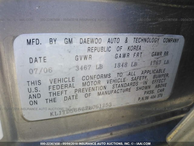 KL1TD56627B061253 - 2007 CHEVROLET AVEO LS Pewter photo 9