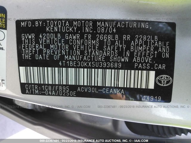 4T1BE30KX5U393689 - 2005 TOYOTA CAMRY LE/XLE/SE 银色 照片 9