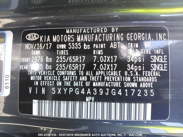 5XYPG4A39JG417235 - 2018 KIA SORENTO LX/L GRAY photo 9