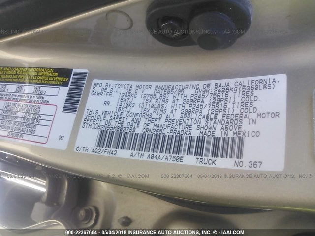 3TMJU62N55M003789 - 2005 TOYOTA TACOMA DOUBLE CAB PRERUNNER GOLD photo 9