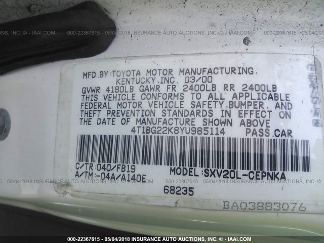 4T1BG22K8YU985114 - 2000 TOYOTA CAMRY CE/LE/XLE 白色 照片 9