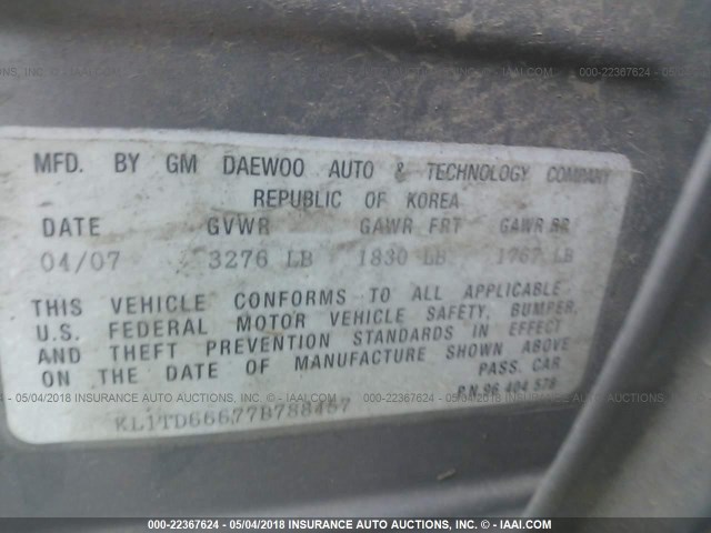 KL1TD66677B788457 - 2007 CHEVROLET AVEO LS GRAY photo 9