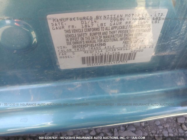 3N1CE2CP1EL412945 - 2014 NISSAN VERSA NOTE S/S PLUS/SV/SL TEAL photo 9