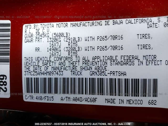 3TMCZ5AN4HM097433 - 2017 TOYOTA TACOMA DBL CAB/SR/TRDSPT/OR/PRO ნარინჯისფერი ფოტო 9