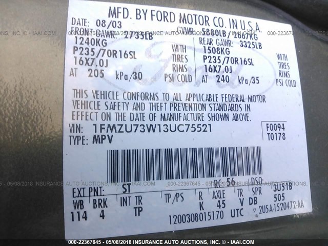 1FMZU73W13UC75521 - 2003 FORD EXPLORER XLT/XLT SPORT/NBX GREEN photo 9