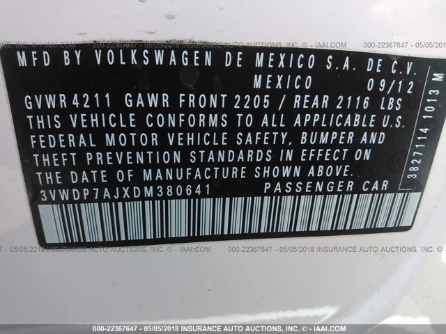 3VWDP7AJXDM380641 - 2013 VOLKSWAGEN JETTA SE 白色 照片 9