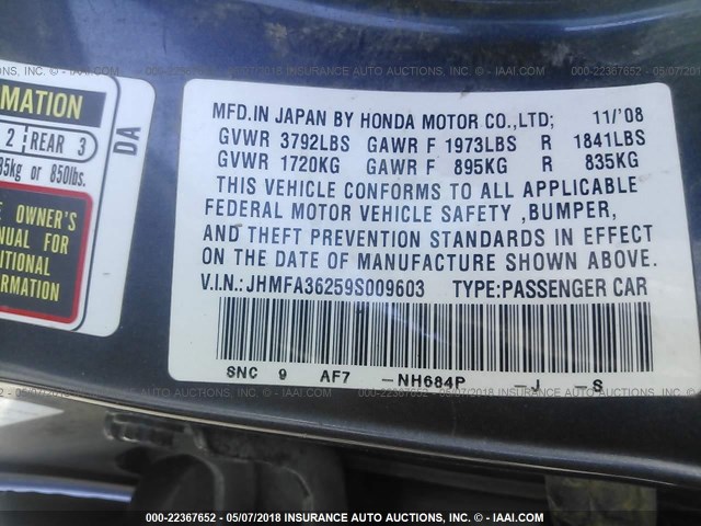 JHMFA36259S009603 - 2009 HONDA CIVIC HYBRID BLUE photo 9