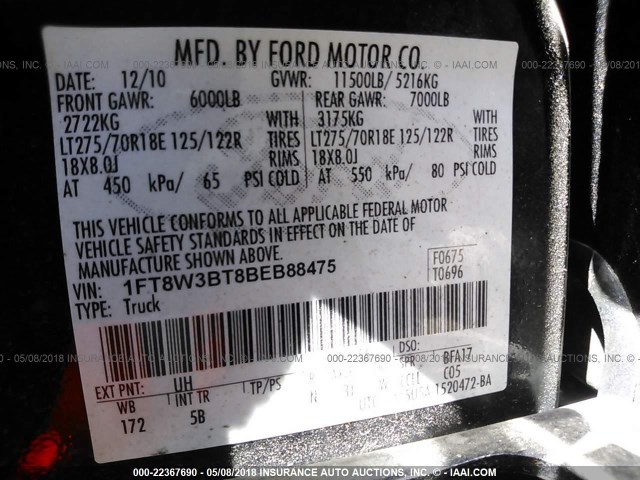 1FT8W3BT8BEB88475 - 2011 FORD F350 SUPER DUTY BLACK photo 10