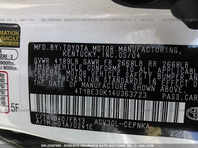 4T1BE30K14U363723 - 2004 TOYOTA CAMRY LE/XLE/SE თეთრი ფოტო 9