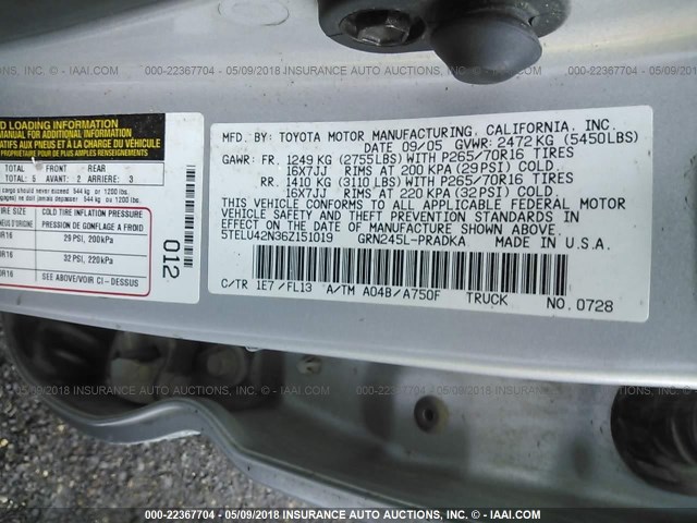 5TELU42N36Z151019 - 2006 TOYOTA TACOMA DOUBLE CAB SILVER photo 9