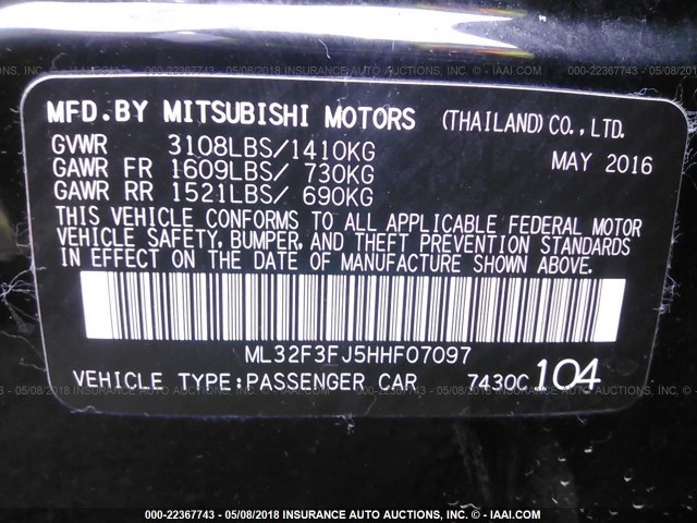 ML32F3FJ5HHF07097 - 2017 MITSUBISHI MIRAGE G4 ES შავი ფოტო 9
