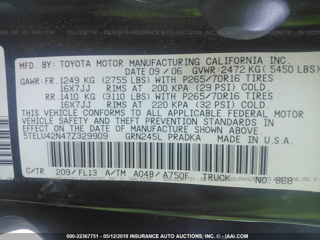5TELU42N47Z329909 - 2007 TOYOTA TACOMA DOUBLE CAB შავი ფოტო 9
