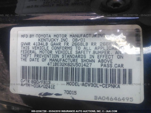 4T1BE32K62U501427 - 2002 TOYOTA CAMRY LE/XLE/SE BLUE photo 9