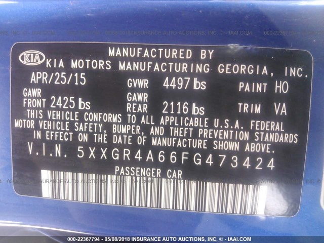 5XXGR4A66FG473424 - 2015 KIA OPTIMA SX BLUE photo 9