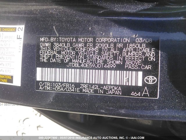 JTDBL40E59J014499 - 2009 TOYOTA COROLLA LE/XLE GRAY photo 9