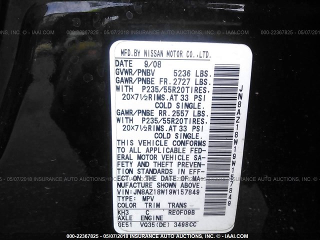 JN8AZ18W19W157849 - 2009 NISSAN MURANO S/SL/LE BLACK photo 9