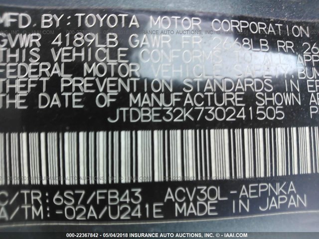 JTDBE32K730241505 - 2003 TOYOTA CAMRY LE/XLE GREEN photo 9