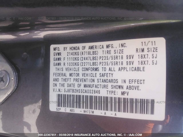 5J8TB2H55CA002846 - 2012 ACURA RDX TECHNOLOGY GRAY photo 9