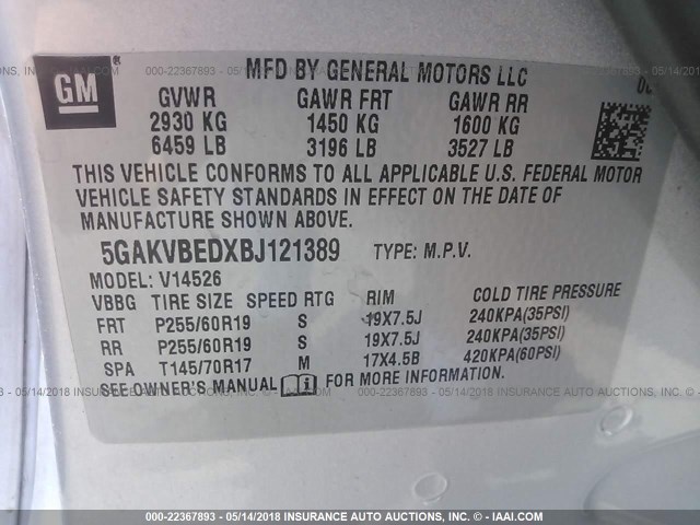 5GAKVBEDXBJ121389 - 2011 BUICK ENCLAVE CXL 银色 照片 9