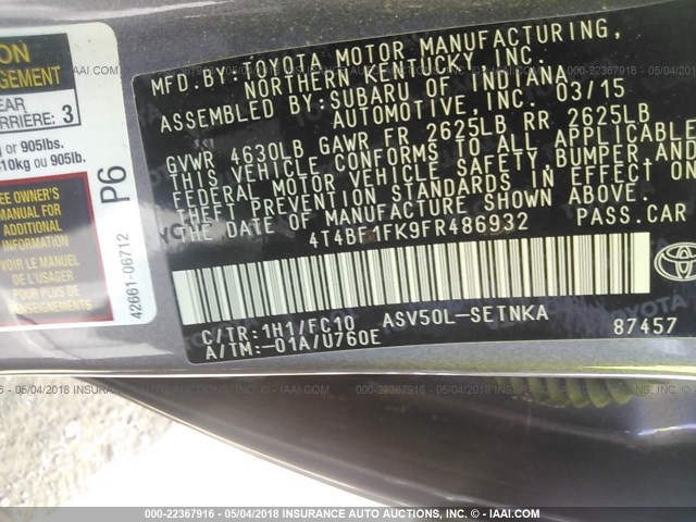 4T4BF1FK9FR486932 - 2015 TOYOTA CAMRY LE/XLE/SE/XSE GRAY photo 9
