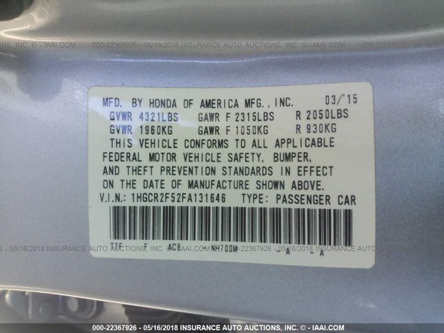 1HGCR2F52FA131646 - 2015 HONDA ACCORD SPORT 银色 照片 9