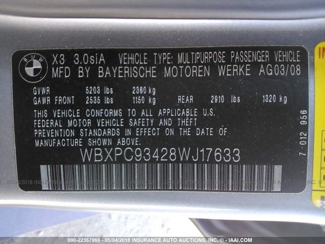 WBXPC93428WJ17633 - 2008 BMW X3 3.0SI GRAY photo 9