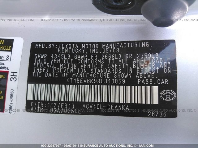 4T1BE46K99U310059 - 2009 TOYOTA CAMRY SE/LE/XLE SILVER photo 9