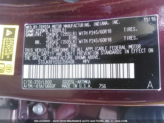 5TDJKRFH2GS356408 - 2016 TOYOTA HIGHLANDER XLE მუქწითელი ფოტო 9