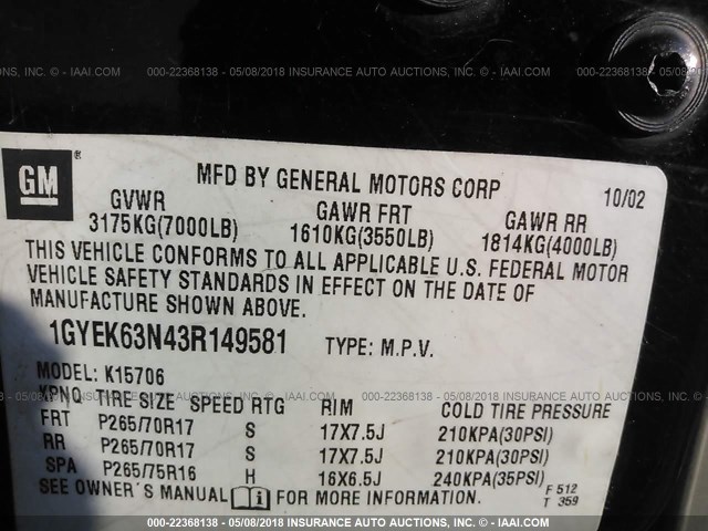 1GYEK63N43R149581 - 2003 CADILLAC ESCALADE LUXURY Qara foto 9