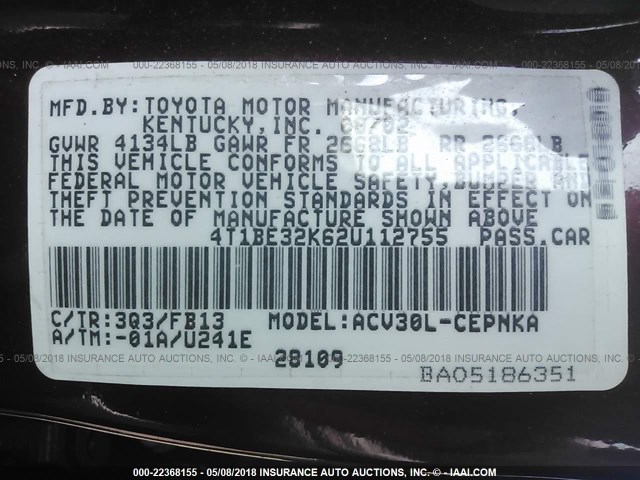 4T1BE32K62U112755 - 2002 TOYOTA CAMRY LE/XLE/SE ბურგუნდია ფოტო 9