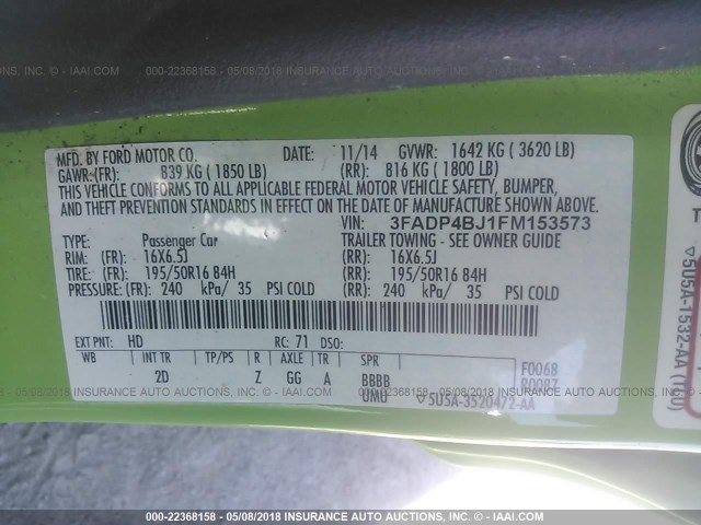 3FADP4BJ1FM153573 - 2015 FORD FIESTA SE GREEN photo 9