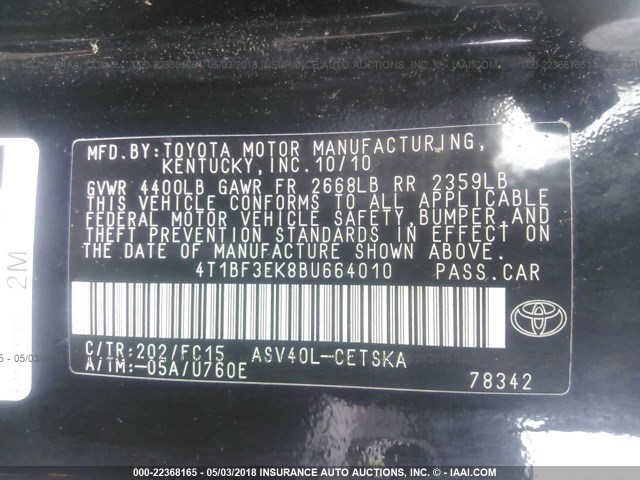 4T1BF3EK8BU664010 - 2011 TOYOTA CAMRY SE/LE/XLE BLACK photo 9