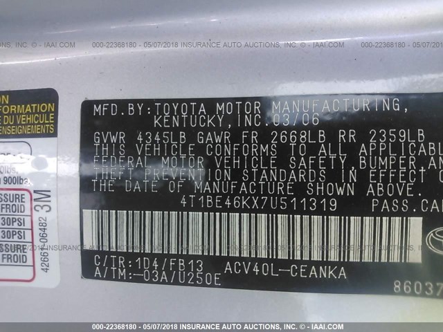 4T1BE46KX7U511319 - 2007 TOYOTA CAMRY NEW GENERAT CE/LE/XLE/SE SILVER photo 9