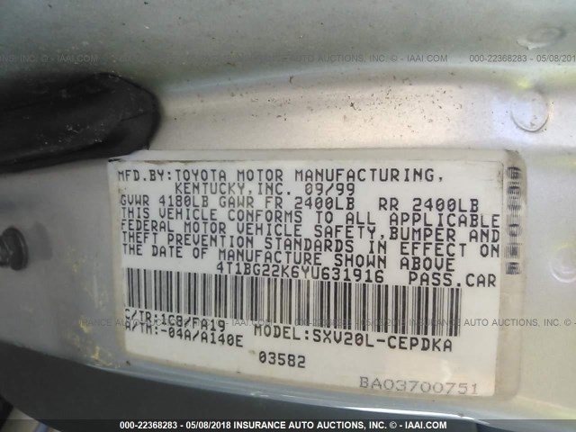 4T1BG22K6YU631916 - 2000 TOYOTA CAMRY CE/LE/XLE ვერცხლისფერი ფოტო 9