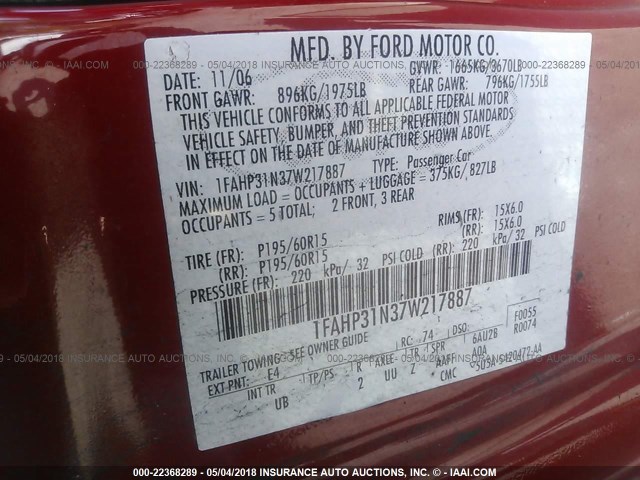 1FAHP31N37W217887 - 2007 FORD FOCUS ZX3/S/SE/SES RED photo 9