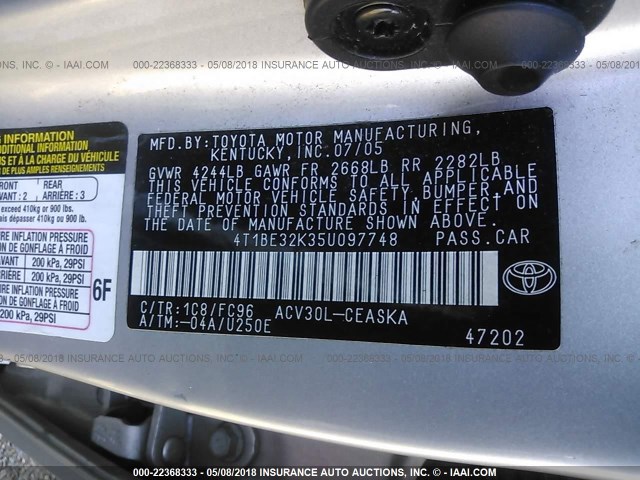 4T1BE32K35U097748 - 2005 TOYOTA CAMRY LE/XLE/SE SILVER photo 9