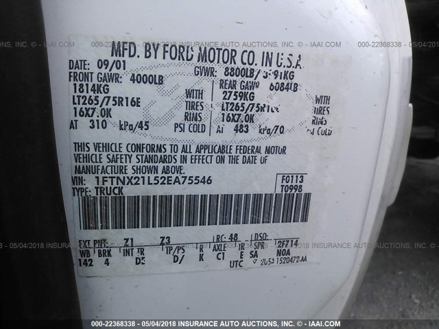 1FTNX21L52EA75546 - 2002 FORD F250 SUPER DUTY WHITE photo 9