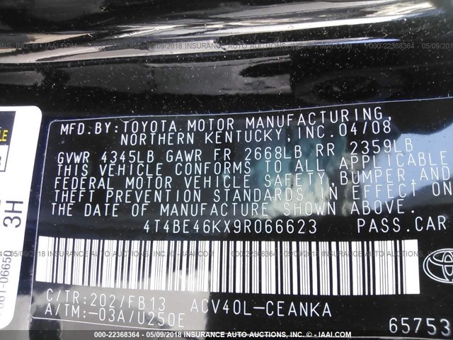 4T4BE46KX9R066623 - 2009 TOYOTA CAMRY SE/LE/XLE BLACK photo 9