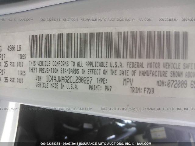 1C4AJWAG2CL290227 - 2012 JEEP WRANGLER SPORT 白色 照片 9