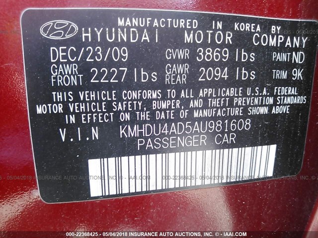 KMHDU4AD5AU981608 - 2010 HYUNDAI ELANTRA BLUE/GLS/SE RED photo 9