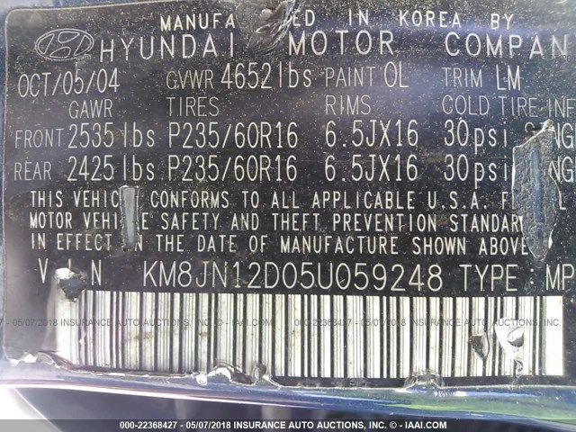 KM8JN12D05U059248 - 2005 HYUNDAI TUCSON GLS/LX BLUE photo 9