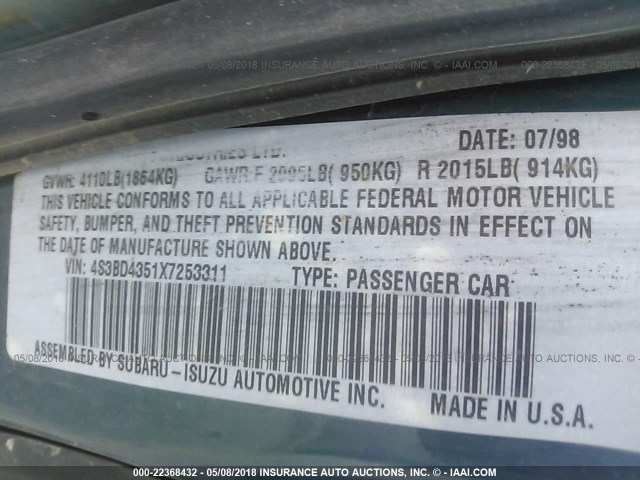 4S3BD4351X7253311 - 1999 SUBARU LEGACY L/30TH ANNIVERSARY L GREEN photo 9