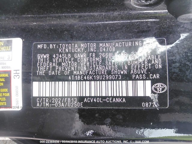 4T1BE46K19U299073 - 2009 TOYOTA CAMRY SE/LE/XLE BLACK photo 9