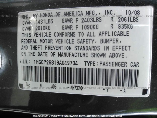 1HGCP26819A049704 - 2009 HONDA ACCORD EXL GRAY photo 9