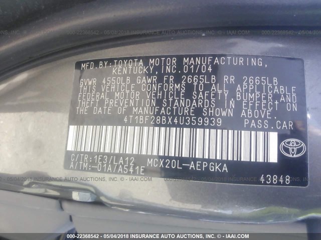 4T1BF28BX4U359939 - 2004 TOYOTA AVALON XL/XLS GRAY photo 9