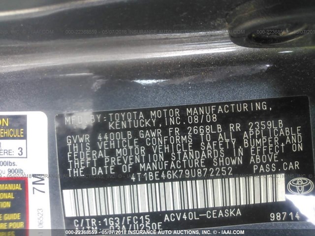 4T1BE46K79U872252 - 2009 TOYOTA CAMRY SE/LE/XLE 灰色 照片 9